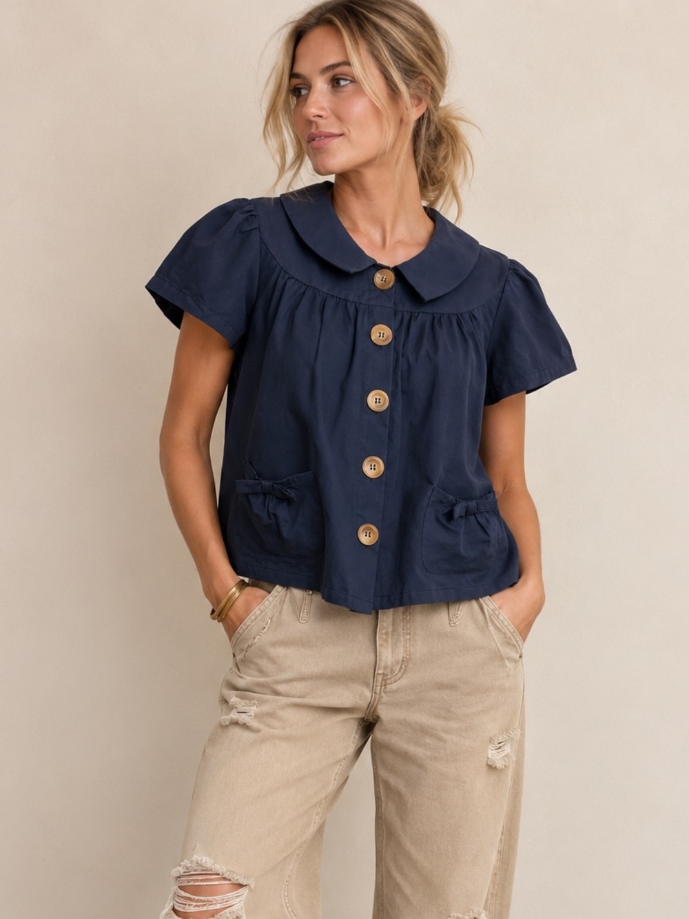 NWT - Cider Navy Bow Knot Top w Peter Pan Collar